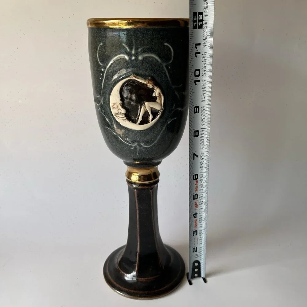Art Pottery Chalice Goblet Celestial Nude Woman Sitting Crescent Moon Goddess